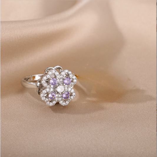 Rotate Rings For Women,Zircon Stainless Steel Open Adjustable Ring Gift Jewelry