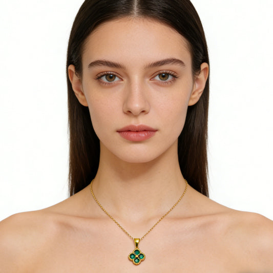 Green 4 Leaf Clover 24K Gold Necklace For Women, Lucky Pendant Chain Necklace Jewelry