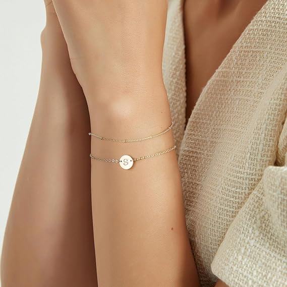 Dainty Gold Bracelets For Women, 14K Gold Filled Adjustable Layered Bracelet Cute Oval Chain Bar Gold Bracelets For Women Jewelry