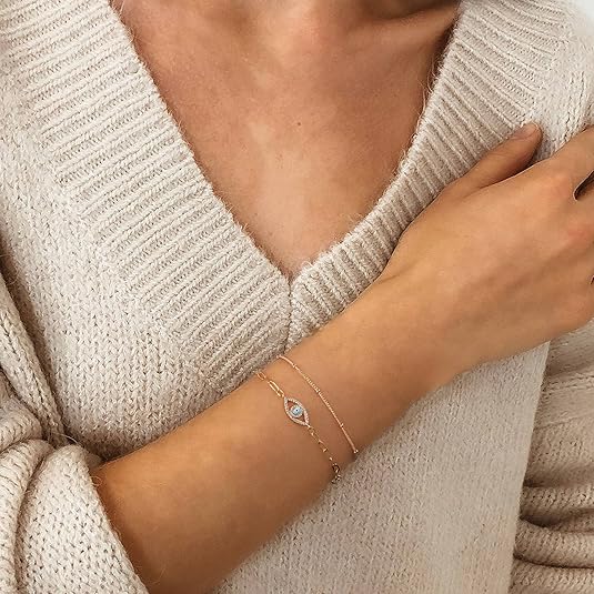 Dainty Gold Bracelets For Women, 14K Gold Filled Adjustable Layered Bracelet Cute Oval Chain Bar Gold Bracelets For Women Jewelry