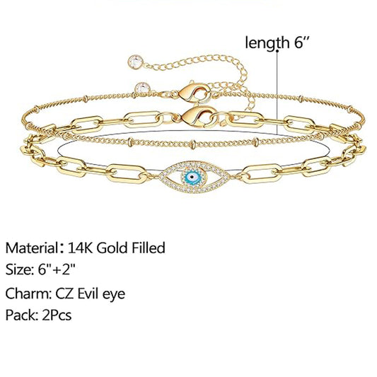 Dainty Gold Bracelets For Women, 14K Gold Filled Adjustable Layered Bracelet Cute Oval Chain Bar Gold Bracelets For Women Jewelry