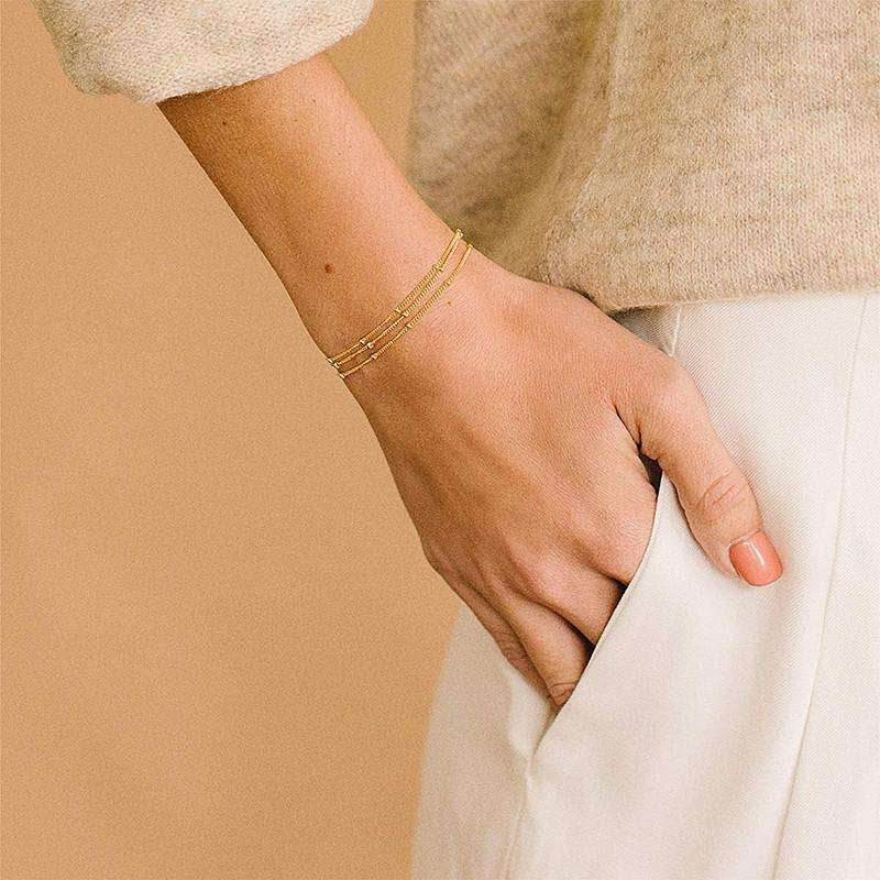 Dainty Gold Bracelets For Women, 14K Gold Filled Adjustable Layered Bracelet Cute Oval Chain Bar Gold Bracelets For Women Jewelry