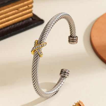 1PCS Fashionable Personalized 8-character Cross Steel Wire Bracelet,Open Bracelet, Simple Versatile Trendy Diamond Bracelet, Suitable For Men And Women To Wear, Holiday Jewelry Gift