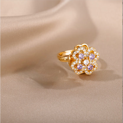 Golden Clover Rotate Rings For Women,Zircon Stainless Steel Open Adjustable Ring Golden Gift Jewelry