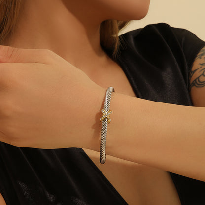 1PCS Fashionable Personalized 8-character Cross Steel Wire Bracelet,Open Bracelet, Simple Versatile Trendy Diamond Bracelet, Suitable For Men And Women To Wear, Holiday Jewelry Gift