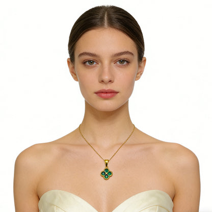 Green 4 Leaf Clover 24K Gold Necklace For Women, Lucky Pendant Chain Necklace Jewelry