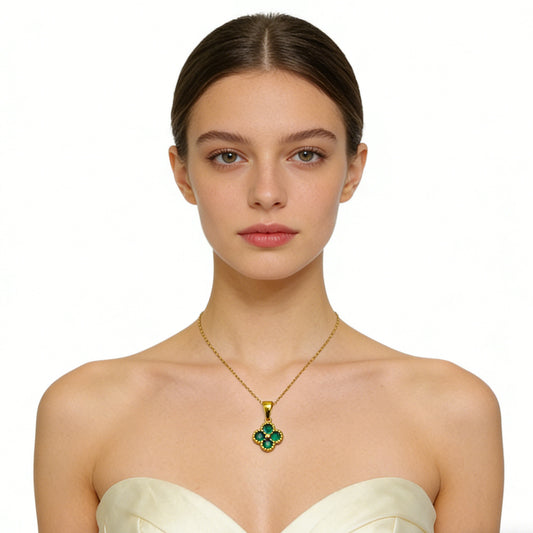 Green 4 Leaf Clover 24K Gold Necklace For Women, Lucky Pendant Chain Necklace Jewelry