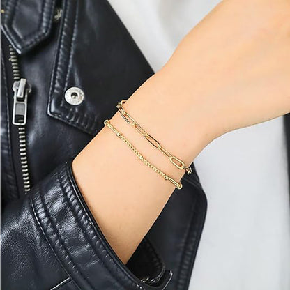Dainty Gold Bracelets For Women, 14K Gold Filled Adjustable Layered Bracelet Cute Evil Eye Oval Chain Pearl Bar Turtle Gold Bracelets For Women Jewelry