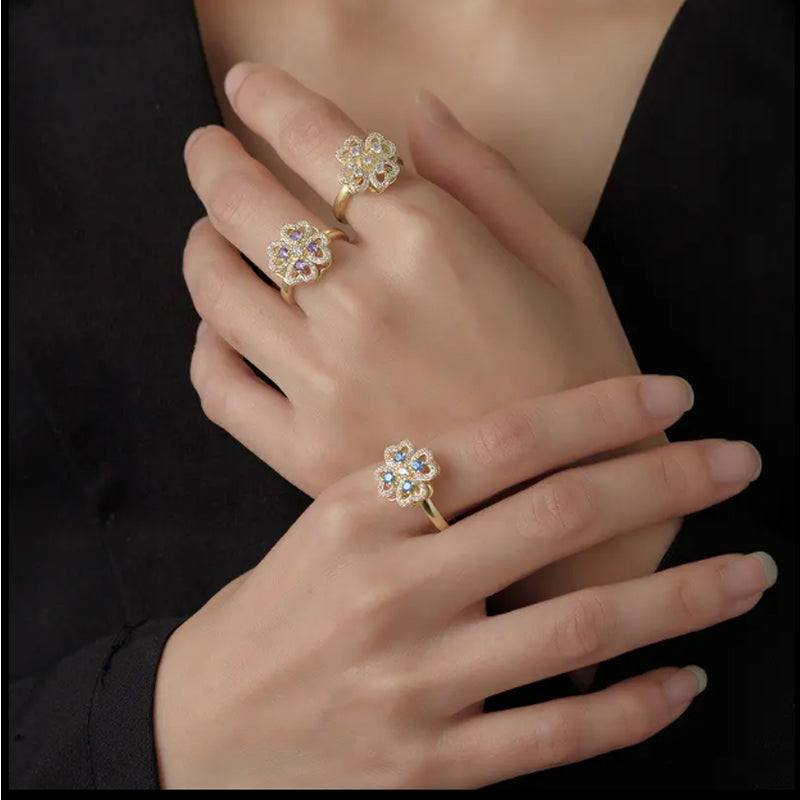 Rotate Rings For Women,Zircon Stainless Steel Open Adjustable Ring  Gift Jewelry