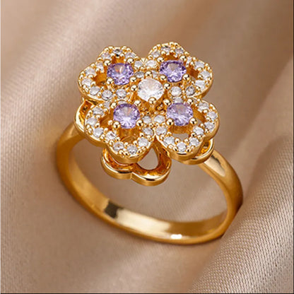 Rotate Rings For Women,Zircon Stainless Steel Open Adjustable Ring  Gift Jewelry