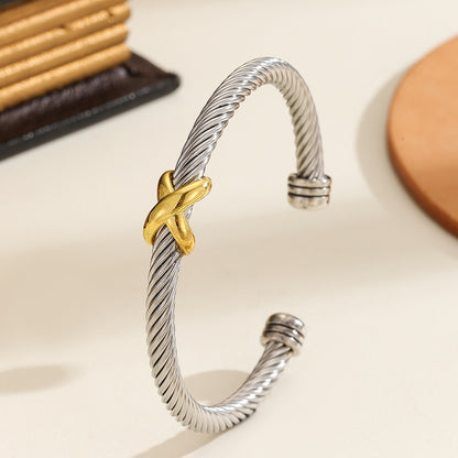 1PCS Fashionable Personalized 8-character Cross Steel Wire Bracelet,Open Bracelet, Simple Versatile Trendy Diamond Bracelet, Suitable For Men And Women To Wear, Holiday Jewelry Gift