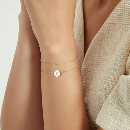 Dainty Gold Bracelets For Women, 14K Gold Filled Adjustable Layered Bracelet Cute Oval Chain  Bar Gold Bracelets For Women Jewelry