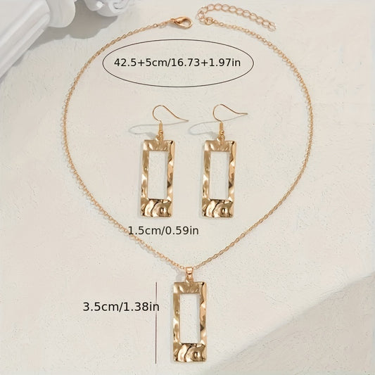 Lxalry Gold-Toned Hammered Geometric Jewelry Set, Recycled Alloy Necklace & Earrings For Women, Eco-Friendly Hypoallergenic Accessories For Daily Party Formal